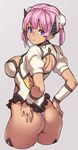  ass back_cutout blue_eyes breasts bun_cover cowboy_shot cropped_legs detached_sleeves double_bun frills from_behind grey_background hands_on_ass horns houtengeki large_breasts looking_at_viewer looking_back original pink_hair pointy_ears short_hair short_sleeves solo tan 