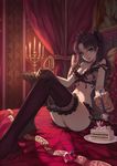  bare_arms bed black_hair black_legwear blue_eyes bojue_yu_yaojing_695657 bra breasts cake candle candlestand cleavage fate/stay_night fate_(series) food fruit highres jewelry lace lace-trimmed_thighhighs legs lingerie long_hair long_legs looking_at_viewer medium_breasts navel necklace off_shoulder panties pendant plate sitting solo spoon strawberry thighhighs thighs tongue tongue_out toosaka_rin two_side_up underwear underwear_only 