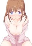  bad_id bad_pixiv_id blue_eyes blush breasts brown_hair cleavage large_breasts long_hair looking_at_viewer off-shoulder_sweater original simple_background solo soyoking sweater tears white_background 