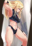  abs ario armpits blonde_hair blue_eyes breasts cameltoe commentary_request hair_down jpeg_artifacts long_hair looking_down medium_breasts metroid samus_aran solo sports_bra super_metroid sweat toned wristband 