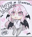  :d bat_wings chibi commentary_request fang happy_birthday koakuma long_hair looking_at_viewer noai_nioshi open_mouth pink_eyes pink_hair shikishi smile solo touhou traditional_media translation_request wings 