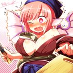  animal_ears bad_id bad_pixiv_id banned_artist between_breasts bird_wings blush breasts cutting_board eel halftone halftone_background hat highres japanese_clothes kimono kisaragi_zwei knife large_breasts mystia_lorelei obi off_shoulder okamisty one_eye_closed pink_eyes pink_hair sash sexually_suggestive slime solo sweat touhou wavy_mouth wings 