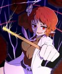  drum drumsticks electricity horikawa_raiko instrument jacket lightning mitsudomoe_(shape) necktie open_mouth pointy_ears purple_neckwear red_eyes red_hair shirt short_hair skirt smile solo tenkomori_(bug_kura) tomoe_(symbol) touhou 