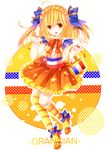  :d absurdres ahoge asymmetrical_wings blonde_hair braid copyright_name highres long_hair looking_at_viewer moseley open_mouth orangina original single_braid smile solo striped striped_legwear thighhighs wings yellow_eyes 