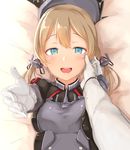  admiral_(kantai_collection) anchor_hair_ornament aoi_chizuru aqua_eyes blonde_hair blush breasts gloves hair_ornament hand_on_another's_face hat kantai_collection large_breasts long_hair looking_at_viewer low_twintails lying on_back open_mouth outstretched_hand peaked_cap pov prinz_eugen_(kantai_collection) twintails upper_body white_gloves 