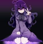 bags_under_eyes breasts clenched_hand dress full_body gradient gradient_background grin hairband hex_maniac_(pokemon) long_hair long_sleeves looking_at_viewer medium_breasts messy_hair outline pink_eyes pokemon purple_dress purple_hair purple_hairband ribbed_sweater semikichi sitting smile solo sweater w 