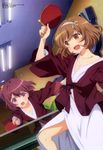  :d :o absurdres ball bangs bare_shoulders bath_yukata battle blush bow breasts brown_eyes brown_hair ceiling cleavage duel dutch_angle flat_chest flying_sweatdrops from_below hairband hand_up hanten_(clothes) hattori_satoshi highres holding japanese_clothes kimono komiya_nonoka leaning leg_lift legs lights long_sleeves megami mizusaka_yuzuki multiple_girls net non-web_source off_shoulder official_art one_side_up open_mouth outstretched_arm playing_sports purple_eyes purple_hair reaching sash scan scrunchie short_hair side_slit small_breasts smile sora_no_method sport sweat table_tennis tennis_net yukata 