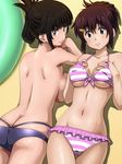  ass awa beach bikini breasts brown_eyes brown_hair chin_rest folded_ponytail frilled_bikini frills hair_ornament hairclip hands_on_own_chest large_breasts long_hair looking_at_viewer lying majin_bone multiple_girls on_back on_stomach ponytail ryuujin_tomoko shimatani_saho smile striped striped_bikini swimsuit topless underboob 