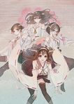  bare_shoulders black_hair brown_hair commentary detached_sleeves flower haruna_(kantai_collection) hiei_(kantai_collection) kantai_collection kirishima_(kantai_collection) kongou_(kantai_collection) leaning_forward long_hair looking_at_viewer mins_(minevi) multiple_girls nontraditional_miko petals plaid plaid_skirt rose short_hair skirt smile thighhighs zettai_ryouiki 