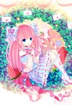  :d absurdres ahoge bare_shoulders blue_eyes bow bunny candy candy_cane carrot detached_sleeves food hair_bow hair_ribbon highres leaf letter long_hair looking_at_viewer love_letter moseley open_mouth original pink_hair ribbon sitting smile solo wrist_cuffs 
