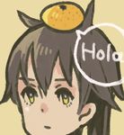  angela_salas_larrazabal animal_ears bad_id bad_pixiv_id brown_hair face food food_on_head fruit green_eyes lowres mandarin_orange object_on_head on_head shirono_kuma short_hair solo spanish speech_bubble translated wolf_ears world_witches_series yellow_background 