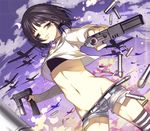  aiming_at_viewer aircraft airplane black_eyes black_hair bullet cartridge cloud crop_top crop_top_overhang crying crying_with_eyes_open dual_wielding gun holding hoshii_hisa jewelry looking_at_viewer midriff navel necklace original short_hair short_shorts shorts sky solo submachine_gun tears thighhighs weapon 