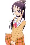  futari_wa_precure_splash_star long_hair looking_at_viewer manji_(tenketsu) mishou_mai plaid plaid_skirt precure purple_eyes purple_hair school_uniform simple_background skirt solo white_background yuunagi_middle_school_uniform 