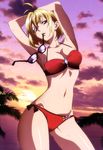  absurdres angelise_ikaruga_misurugi antenna_hair armpits arms_up artist_request ass_visible_through_thighs bikini blonde_hair breasts cleavage cloud cross_ange highres medium_breasts mouth_hold navel nyantype official_art palm_tree shiny shiny_skin short_hair side-tie_bikini skindentation sky solo sunglasses sunset swimsuit tree 