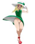  :d blonde_hair blonde_pubic_hair bloom blush colored_pubic_hair dress full_body green_dress hand_on_headwear hat lady_(pokemon) long_hair looking_at_viewer no_panties open_mouth pokemon pubic_hair purple_eyes pussy refuto sidelocks simple_background smile solo sun_hat walking white_background wind wind_lift 