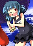  ;o blue_hair cloud cloudy_sky day double_flare_skirt_one-piece gaoo_(frpjx283) highres karakasa_obake looking_at_viewer nontraditional_school_swimsuit one-piece_swimsuit one_eye_closed open_mouth red_eyes school_swimsuit sky smile solo swimsuit tatara_kogasa touhou umbrella 