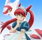  apron bad_deviantart_id bad_id bangs blush colorized derivative_work dual_persona gen_3_pokemon highres latias looking_at_viewer maid_apron maid_headdress open_mouth personification pokemon pokemon_(creature) pokemon_special red_hair shadsonic2 shiny shiny_hair twintails watermark web_address yellow_eyes 