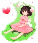  &gt;_&lt; animal_ears bad_id bad_pixiv_id barefoot blush brown_eyes brown_hair bunny bunny_ears carrot carrot_necklace closed_eyes dress flying_sweatdrops heart inaba_tewi jewelry maccha_cocoa_(mococo) necklace pendant pink_dress short_sleeves sitting smile solo touhou 