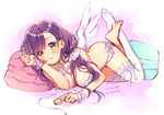  blush bra breasts dated food green_eyes kuroki_(ma-na-tu) large_breasts long_hair looking_at_viewer love_live! love_live!_school_idol_project low_twintails lying macaron on_stomach panties purple_hair single_thighhigh sketch solo thighhighs toujou_nozomi twintails twitter_username underwear underwear_only white_bra white_legwear white_panties wings wrist_cuffs 