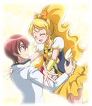  1girl blonde_hair blue_eyes bow bowtie brooch closed_eyes coat couple cure_honey frills hair_bow hanzou happinesscharge_precure! hetero imminent_hug jewelry long_hair magical_girl oomori_yuuko phantom_(happinesscharge_precure!) precure red_hair skirt smile wrist_cuffs yellow_skirt 