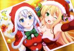  :o ;d absurdres armpits blonde_hair blue_eyes blue_hair breast_press breasts candy candy_cane christmas cleavage food girlfriend_(kari) green_eyes hat highres large_breasts long_hair mochizuki_erena multiple_girls murakami_fumio navel non-web_source nyantype official_art one_eye_closed open_mouth reaching_out santa_costume santa_hat self_shot smile twintails very_long_hair wreath 