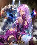  1girl armor bare_shoulders black_legwear breasts cleavage copyright_name earrings elbow_gloves fire flame gloves glowing glowing_eyes hand_on_own_chin helmet high_heels jewelry large_breasts leaning_forward legs long_hair looking_back map matsuda_(matsukichi) purple_eyes purple_hair shingeki_no_bahamut shorts smile sweat sword thighhighs thighs torch weapon wings zettai_ryouiki 