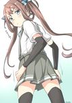  absurdres arm_warmers artist_name asagumo_(kantai_collection) blush brown_hair cowboy_shot from_behind highres kantai_collection long_hair looking_at_viewer looking_back pout ryuki_(ryukisukune) school_uniform short_sleeves solo thighhighs twintails very_long_hair zettai_ryouiki 