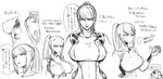 ass bdsm bodysuit breasts collage collarbone greyscale highres large_breasts left-to-right_manga metroid monochrome partially_translated ponytail samus_aran skin_tight solo space_jin testicle_grab testicles translation_request tsurime zero_suit 