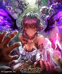  1girl bare_shoulders demon dress elbow_gloves fingerless_gloves gloves hand_on_another's_chest looking_at_viewer lying matsuda_(matsukichi) on_back pink_hair pov red_eyes sharp_teeth shingeki_no_bahamut smile solo_focus straddling teeth thighhighs wings 