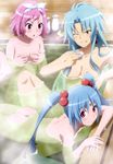  absurdres ai:_tenchi_muyou! ass bathing blue_hair breast_grab breasts cleavage convenient_censoring drink feet grabbing highres kawanagare_momo legs long_hair masaki_sasami_jurai medium_breasts multiple_girls non-web_source nude nyantype official_art one_eye_closed pink_eyes pink_hair red_eyes ryouko_(tenchi_muyou!) short_hair small_breasts smile tenchi_muyou! twintails water yellow_eyes 