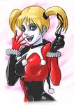  1girl azuma_(ichimako) batman_(series) bleached_hair blonde_hair blue_eyes bodysuit breasts dc_comics female gloves harley_quinn headwear_removed lipstick looking_at_viewer makeup mask open_mouth ruff smile solo twintails 