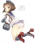  1girl binoculars blush brown_hair chestnut_mouth dress from_behind headgear kanro_ame_(ameko) kantai_collection looking_at_viewer panties pantyshot sailor_dress short_hair simple_background solo spoken_exclamation_mark turret twitter_username underwear white_background white_panties yukikaze_(kantai_collection) 