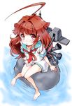  ahoge bare_legs barefoot blush brown_eyes brown_hair huge_ahoge kanro_ame_(ameko) kantai_collection kuma_(kantai_collection) long_hair looking_at_viewer machinery school_uniform serafuku short_sleeves shorts sitting soaking_feet solo water 