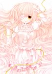  dress flower frilled_dress frills highres kirakishou long_hair looking_at_viewer lying moseley on_back pink_hair rose rozen_maiden simple_background solo thighhighs very_long_hair white_background white_dress yellow_eyes zettai_ryouiki 