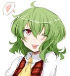  ascot blush chata_maru_(irori_sabou) checkered checkered_vest cherry_stem_knot green_hair heart kazami_yuuka one_eye_closed plaid plaid_vest red_eyes solo spoken_heart tongue tongue_out touhou vest white_background 