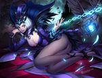  bird blue_hair breasts chain citemer cleavage emilia_leblanc highres large_breasts league_of_legends lips long_legs pantyhose purple_eyes short_hair smile solo tiara 
