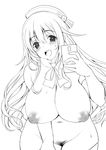  atago_(kantai_collection) blush breasts cellphone greyscale hat heart heart-shaped_pupils kantai_collection kyougoku_shin large_breasts long_hair looking_at_viewer monochrome nipples nude open_mouth phone pubic_hair ribbon self_shot smartphone smile solo sweatdrop symbol-shaped_pupils 
