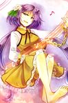  :d barefoot biwa_lute chain dress frilled_dress frills instrument kutsuki_kai lute_(instrument) musical_note open_mouth purple_eyes purple_hair shirt smile touhou tsukumo_benben 