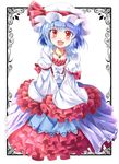  :d blue_hair blush dress e.o. embellished_costume fang frilled_dress frilled_sleeves frills hat highres jewelry mob_cap necklace open_mouth red_eyes remilia_scarlet short_hair sleeves_past_wrists smile solo too_many too_many_frills touhou 