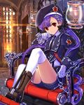  armchair blurry boots brown_footwear chair depth_of_field dominatrix empew gloves hair_ornament hat holding key knee_up lantern long_hair looking_at_viewer low_twintails original purple_hair red_eyes shorts sitting skull solo tenkuu_no_crystalia thighhighs twintails uniform white_gloves white_legwear 