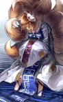  &gt;:) animal_ears blonde_hair blue_eyes bowing facial_mark fox_ears fox_mask fox_tail headwear_removed highres looking_at_viewer mask mouth_hold multiple_tails ofuda short_hair smile solo tail touhou uu_uu_zan v-shaped_eyebrows yakumo_ran 