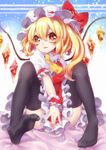  :d ascot bed_sheet black_legwear flandre_scarlet hat highres kyouda_suzuka looking_at_viewer mob_cap no_shoes open_mouth orange_eyes side_ponytail sitting smile solo thighhighs touhou wings wrist_cuffs 