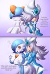  2girls ? alternate_color blush breast_envy breast_grab breasts female furry gardevoir grabbing huge_breasts jcdr lucy_(jcdr) multiple_girls orange_eyes pokemon purple_eyes ralts shiny_pokemon silent_magician yu-gi-oh! 