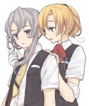  bad_id bad_twitter_id blonde_hair blue_eyes collared_shirt dated earphones earphones_removed grey_hair hand_on_shoulder kantai_collection maikaze_(kantai_collection) multiple_girls natsume_(na_tsumen) necktie nowaki_(kantai_collection) ponytail school_uniform shirt signature vest yellow_neckwear 