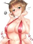  ajifurai alternate_costume belly_grab bikini breasts brown_hair covered_nipples deep_skin embarrassed fat green_eyes hands_on_own_face highres kantai_collection large_breasts mutsu_(kantai_collection) navel red_bikini red_swimsuit short_hair slingshot_swimsuit solo swimsuit 