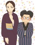  1girl black_hair blush brown_hair coke-bottle_glasses couple crossed_arms glasses height_difference husband_and_wife japanese_clothes jas kaze_tachinu kimono kurokawa_(kaze_tachinu) mrs._kurokawa obi sash short_hair smile 