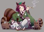  :3 animal_ears bottle brown_eyes brown_hair bwell futatsuiwa_mamizou geta glasses indian_style japanese_clothes leaf leaf_on_head long_sleeves looking_at_viewer one_eye_closed pants pince-nez pipe raccoon_ears raccoon_tail sake_bottle scarf shirt sitting solo tail tanuki touhou wide_sleeves 