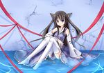  animal_ears black_hair blue_eyes cat_ears detached_sleeves hair_ornament highres in_water long_hair looking_at_viewer no_shoes original parafox parted_lips sitting solo thighhighs white_legwear 