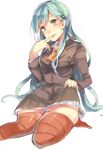  aqua_eyes aqua_hair ascot bad_id bad_pixiv_id breasts hair_ornament hairclip highres jacket kantai_collection liquid loafers long_hair medium_breasts naughty_face open_mouth pleated_skirt school_uniform shoes sitting skirt smile solo suzuya_(kantai_collection) takitou thighhighs zettai_ryouiki 