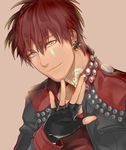  close-up dramatical_murder earrings fingerless_gloves gloves jacket jewelry male_focus mizuki_(dramatical_murder) red_hair sagua_(artist) smile solo tattoo 